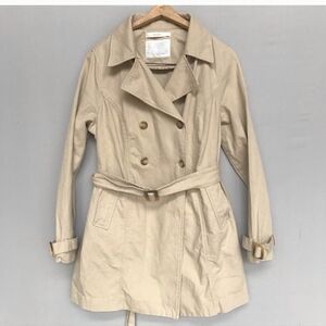 Old Navy Maternity Medium  Short Trench Cotton Jacket Tan Long Sleeve Belted